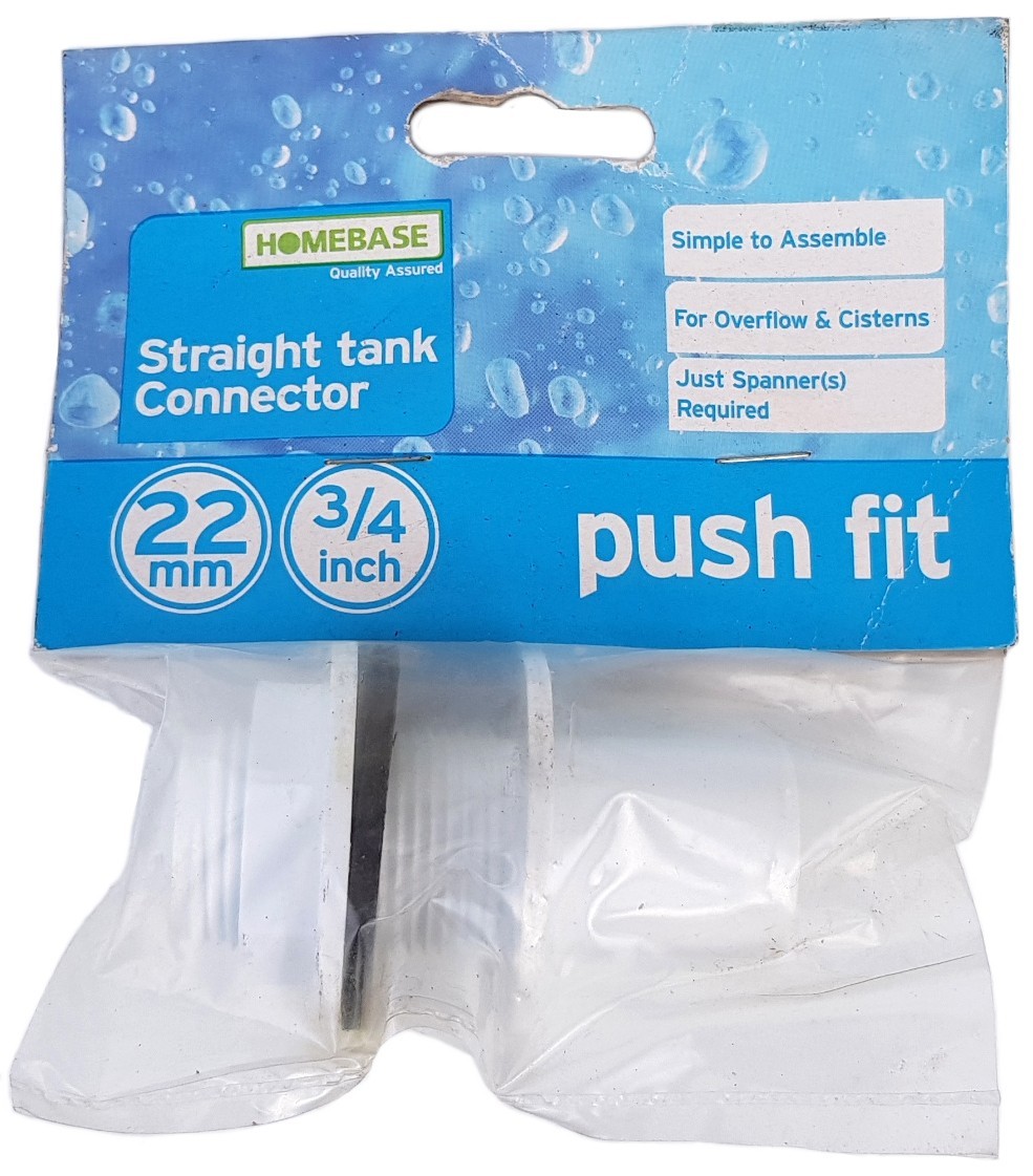22mm 3/4"" STRAIGHT TANK CONNECTOR Overflow WC Cistern WHITE Fitting Black Washer