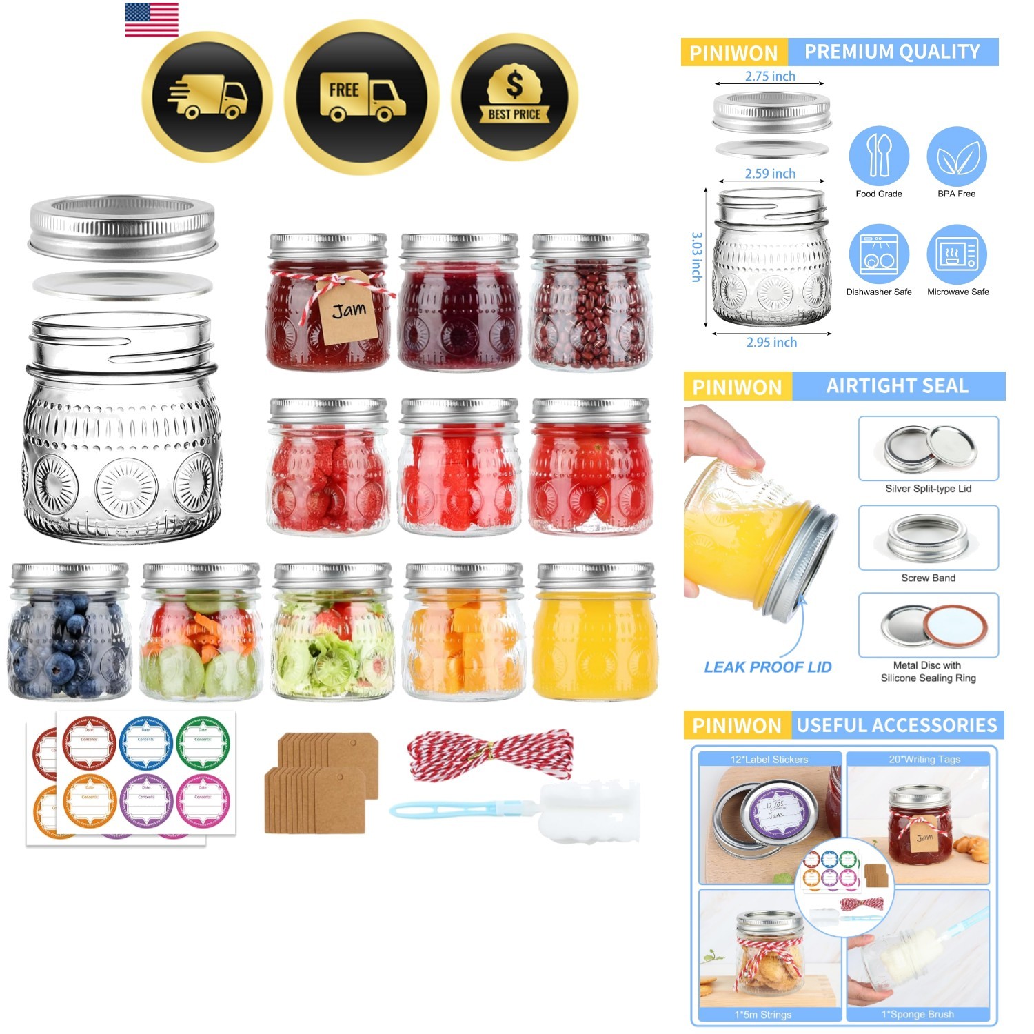 Vintage Mason Jars 8 oz with Lids, 12 Pack Half Pint Canning Jars