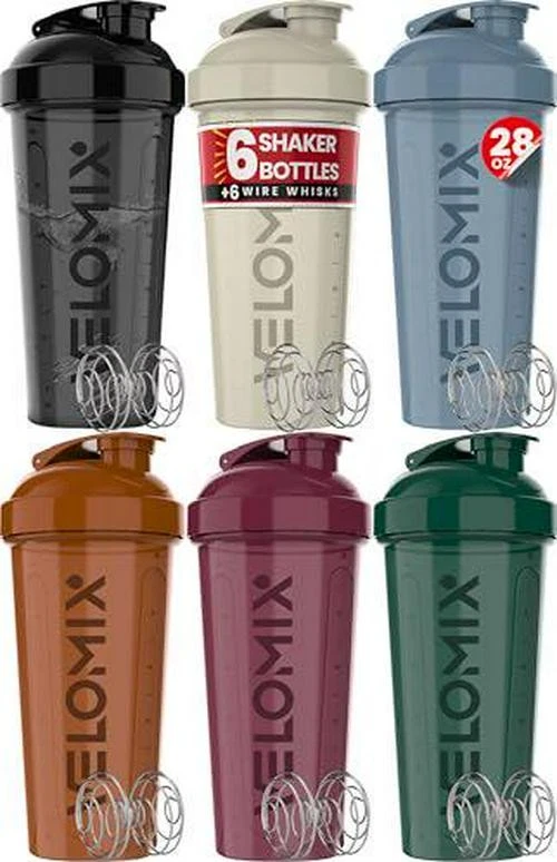 VELOMIX -6 PACK- Shaker Cups For Protein Shakes 28 Oz - 6x Wire Whisk | Leak For