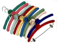 Set Of 10 Vintage Handmade Crocheted Wood Hangers Multicolor 1960’s NICE