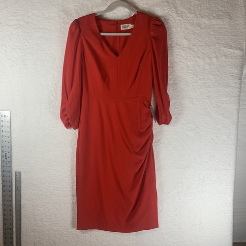Eliza J Dress Red 6 Long Sleeve Ruched V Neck MIDI NWT 4960