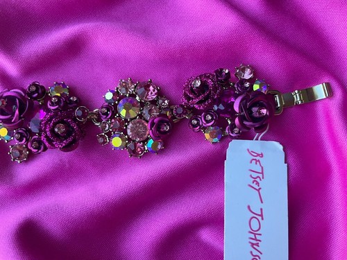 Betsey Johnson In Love Fuchsia Pink Maroon Glitter Rose Flower Crystal Bracelet - Picture 6 of 7