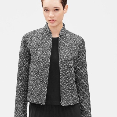 Eileen Fisher Black Gray Cotton Blend Twill Jacquard Flight Zipper Jacket Sz S/P - Picture 1 of 5
