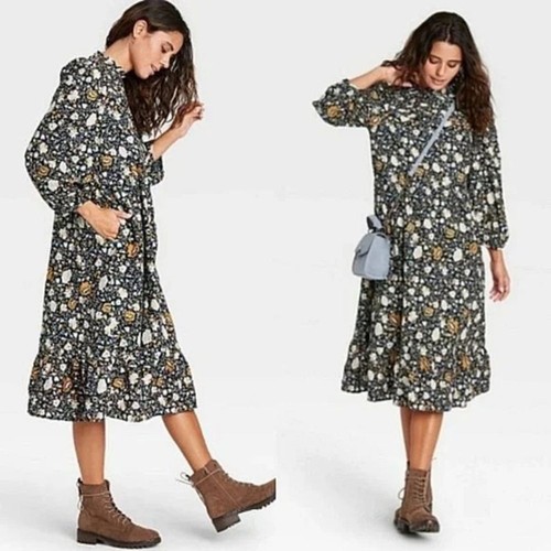 Abito Midi Universal Thread XL Blu Floreale Prairie Manica Lunga NUOVO - Foto 2 di 11