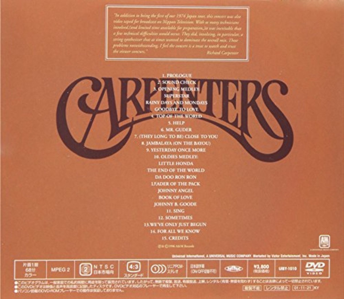 DVD！帯付き！CARPENTERS/ Live at Budokan 1974 CARPENTERS Live in Nippon-Budokan 1974 DVD Free Ship w