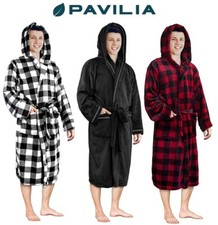 Mens Fleece Robe Hooded Bathrobe Shawl Collar Spa Robe with Hood Soft Microfiber