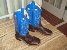Old West BSY1840 Youth Size 4 Blue Brown Leather Square Toe Cowboy Boots