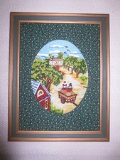 Framed & Fabric Matted COUNTRY CREWEL EMBROIDERY - 10 1/2" x 13 3/4" - UNUSED