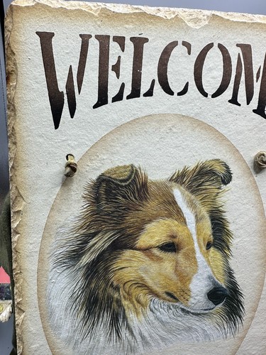 Handcrafted Slate Collie Dog W/ White Blaze Welcome Sign W/Leather Hanger - Picture 2 of 12