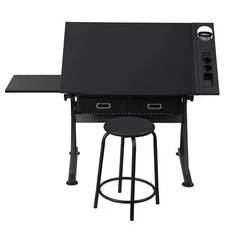 Adjustable Drafting Desk Workstation Set in Black MDF with Stool and Drawer