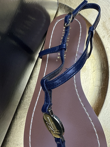 Ralph Lauren Navy Blue Gold Accents Leather Thong Sandals Sz 5.5B VTG NEW!