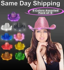 LED Light Up Flashing Sequin Cowboy Hats Assorted color Pack of 9 By Party Glowz