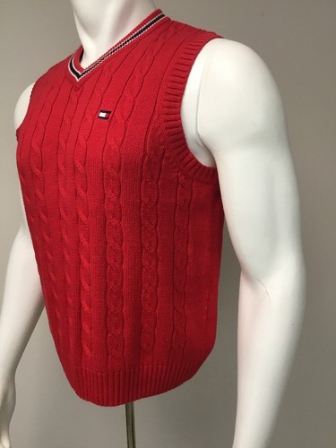 Tommy Hilfiger Cable Knit Sleeveless Sweater Red Unisex Youth Large V Neck - Picture 10 of 12