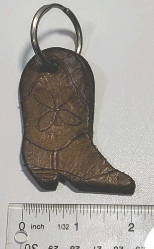 Leather Boot Keychain Fob Brown Hand Crafted Tooled Double Sided 3" Vintage - Picture 5 of 6