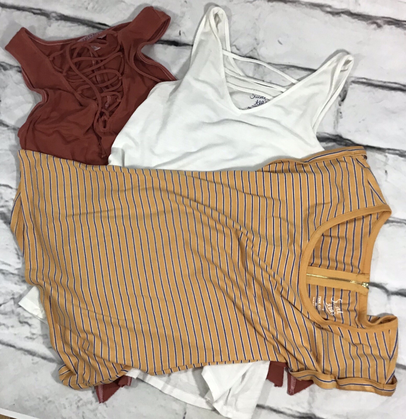 Bundle 3 Shirts Tops Rust White Orange Striped Si… - image 2