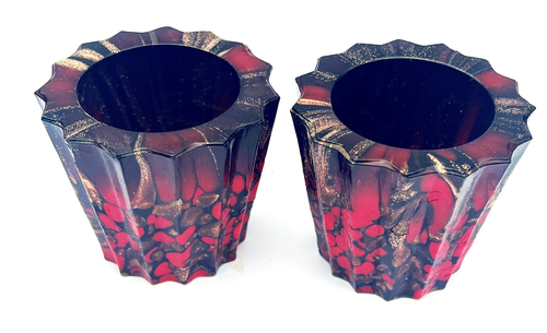2 Mid Century WEIL Italy Murano Red Black Gold Art Glass Candle Votives Vintage - Picture 2 of 8