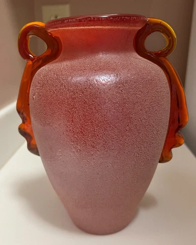 Vintage Bulbous Vase Red Scavo Glass Murano Amberina Handles 7.25”