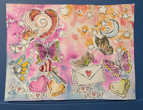 watercolor painting original- Valentine/romance, butterflies & candy