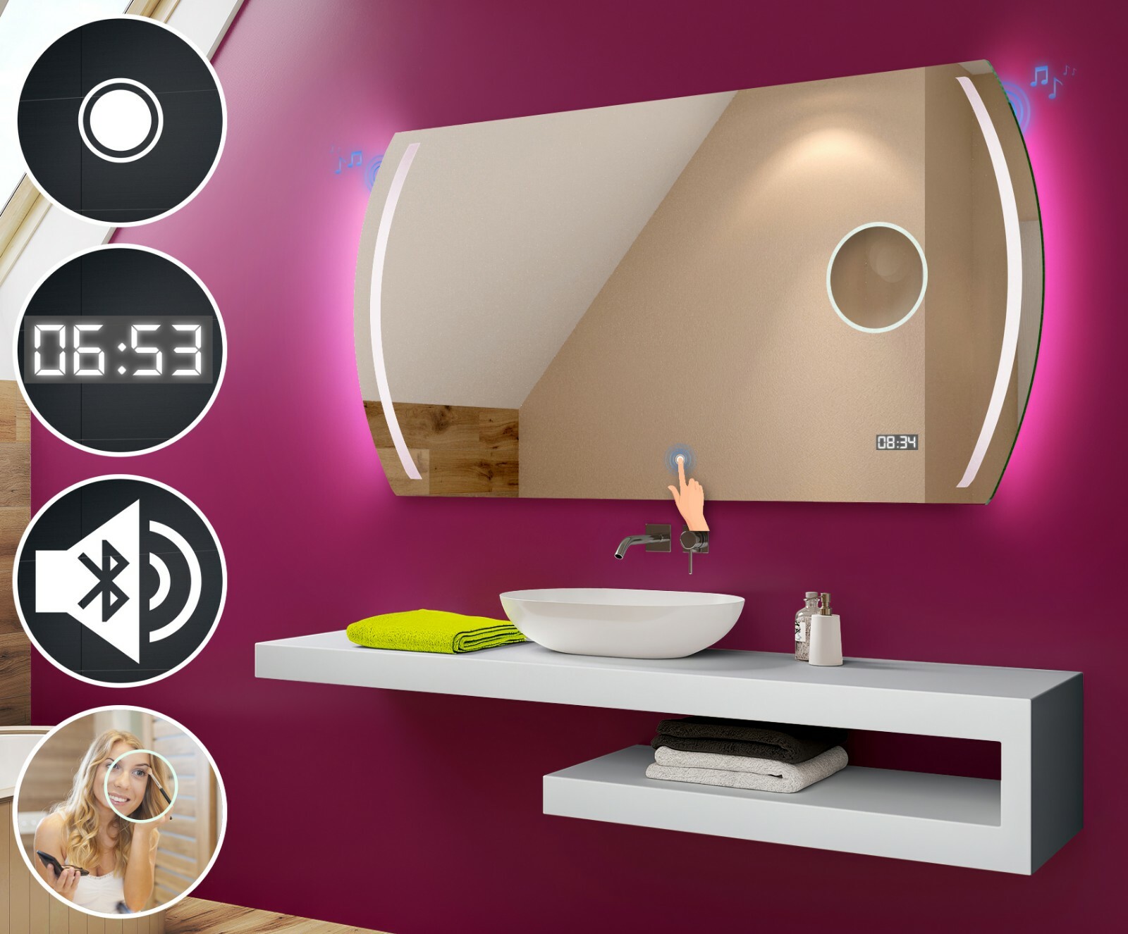 Badspiegel mit LED Beleuchtung Wandspiegel Spiegel LED UHR LAUTSPRECHER L67 Badspiegel mit LED Beleuchtung Wandspiegel Spiegel LED UHR LAUTSPRECHER L67