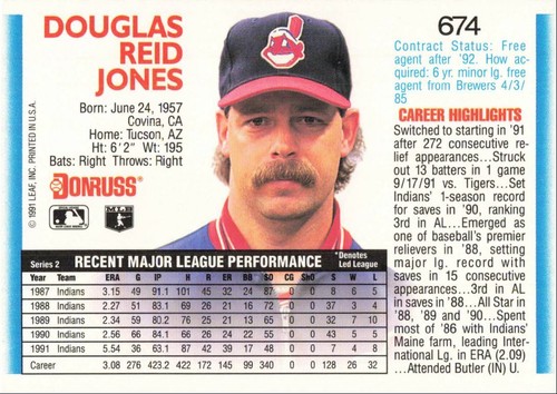 1992 Donruss Baseball Doug Jones Cleveland Indians #674 - Picture 2 of 2