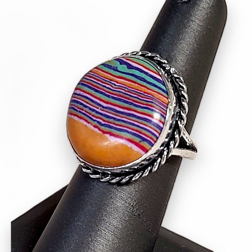 Lady's Rainbow Calsilica 925 Sterling Ring Size 8 Handcrafted
