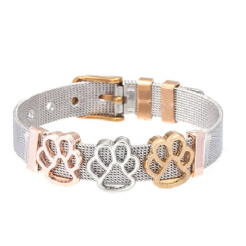 Dog Paws Or Cat Paws Stainless Steel Silver Mesh Slide Charm Bracelet Bangle - Foto 6 di 6