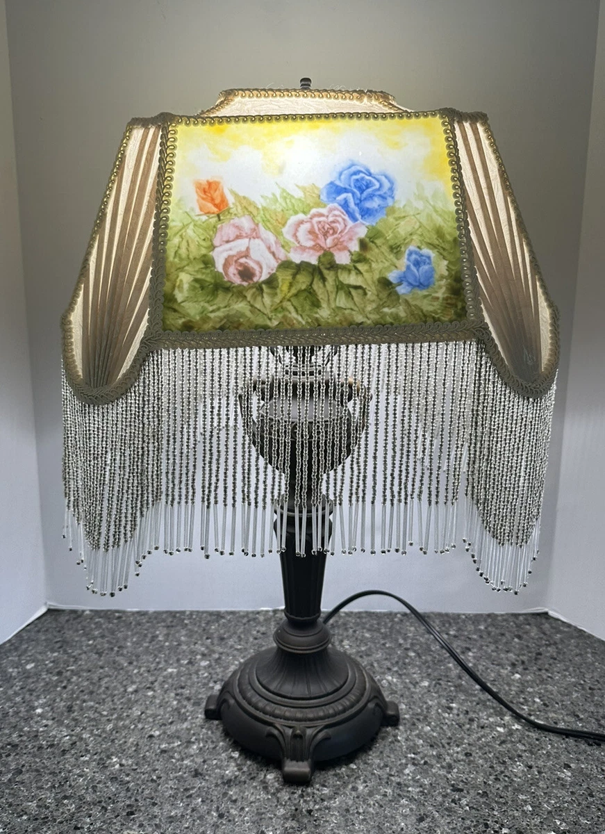 Meyda Tiffany Reverse Roses Table Lamp Beaded Fringe Victorian Style Large 21.5