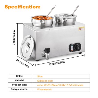600W Pot Soup Warmer Commercial Soup Station Kettle Warmer Bain Marie