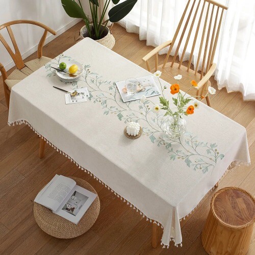 Embroidery Tassel Cotton Linen Dust Proof Table Cover for Home Party Table Decor - Picture 17 of 33