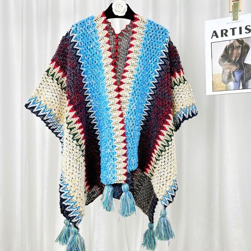 Women Ethnic Cloak Cape Knit Poncho Wrap Shawl V-neck Tassel Rainbow Cardigan - Bild 38 von 42