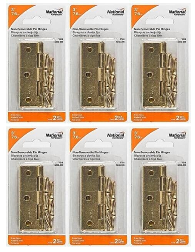 National Hardware N146-399 3'' L Non-Removable Pin Hinges 2-ct Brass (6-PACK)