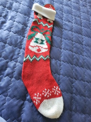 Vintage Hand Knit Christmas Stocking Bells 21'' Red Green 