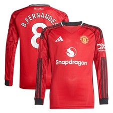 Manchester United adidas Home Shirt 2025-26 - Kids - Long Sleeve with B. Fernand