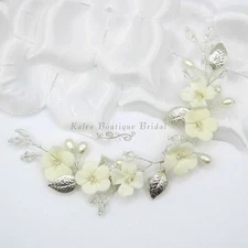 Off White Flower Hair Vine, Wedding Ivory Flower Silver Wire Bridal Headband