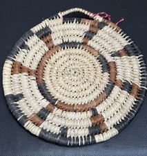 Flat Grass Coil Basket 10&rdquo; Diameter Trivet Plate Hanging Boho Decor Tan Black