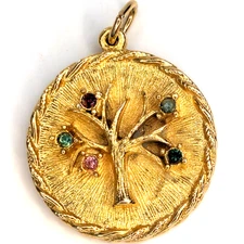 Vintage Tree of Life Medallion Pendant Gold Tone Rope Border Rhinestones 1970s