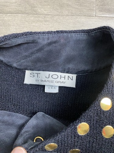 St. John Marie Gray Studded Black Santana Gold dot blouson snap cardigan, sz 6 - Picture 6 of 9