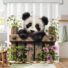 Cute Panda Shower Curtain,Funny Farmhouse Panda Chinese Animal Floral Leaves Wat