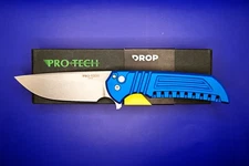 Pro-Tech / DROP* Mordax Milled Blue Aluminum Handle, Stonewash CPM-20CV Blade