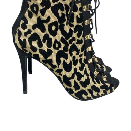 Anne Michelle Metallic Gold & Black Heel Ankle Booties Lace Up Peep Toe Size 7 - Picture 5 of 14