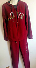 Women's 2pc Burgundy LOVE Graphic Tracksuit Set Zip Hooded Hoodie Pants L/XL
