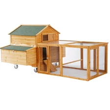 Large Chicken Coop with Wheels Wooden Hen House Mobile Poultry Cage Chicken Run