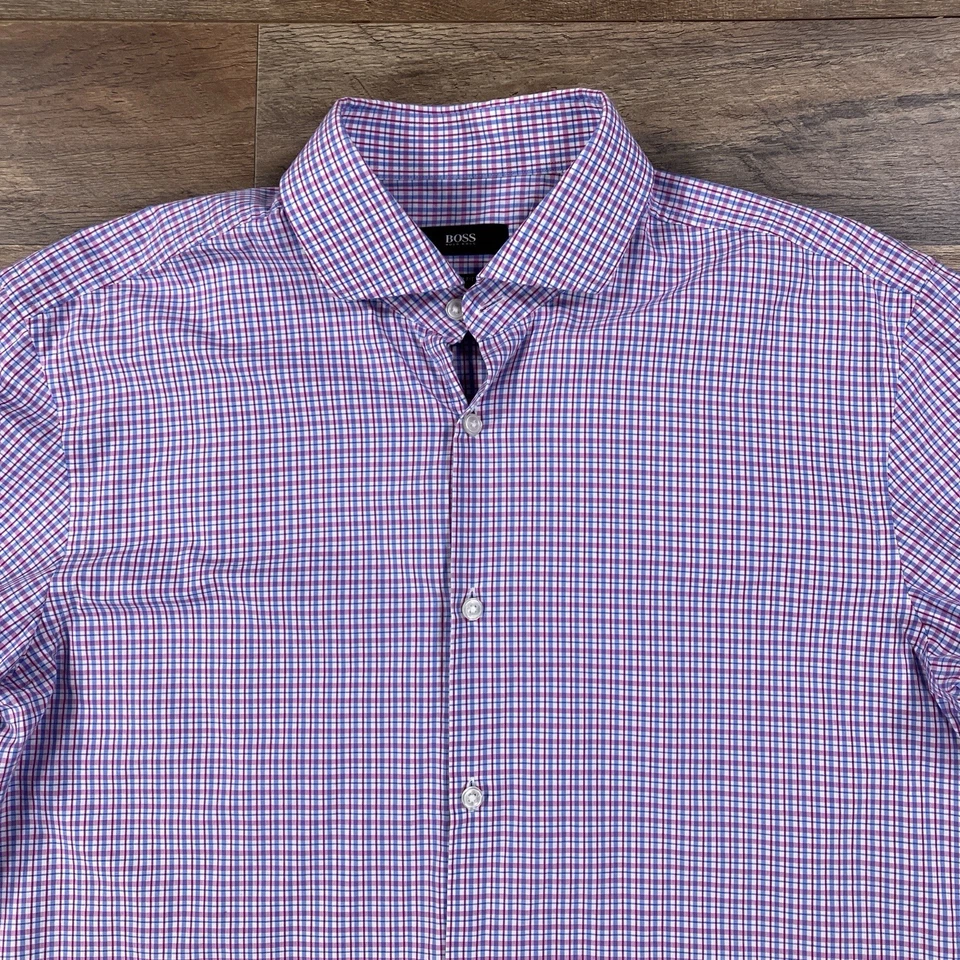 Camisa Hugo Boss Para Hombre 16 32/33 Rosa Azul A Cuadros Afilada Calce Ajustado Abotonada Foto 3 de 4