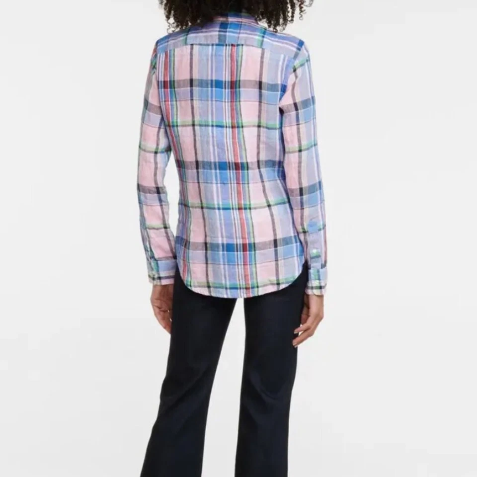 Camisa Polo Ralph Lauren a Cuadros Lino Manga Larga Azul Rosa Verde Pequeña Pequeña Foto 3 de 4