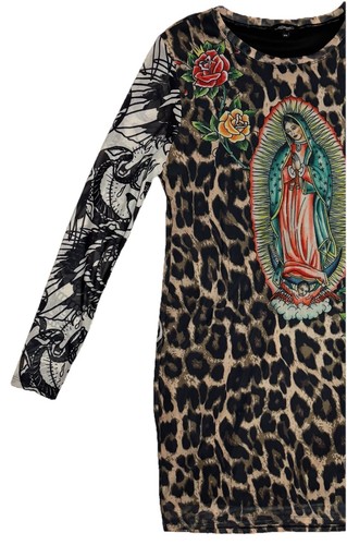 Y2K Ed Hardy Mesh Dress Virgin Mary Lined Body Knee Length Women’s 2X* Tattoo - Picture 2 of 17