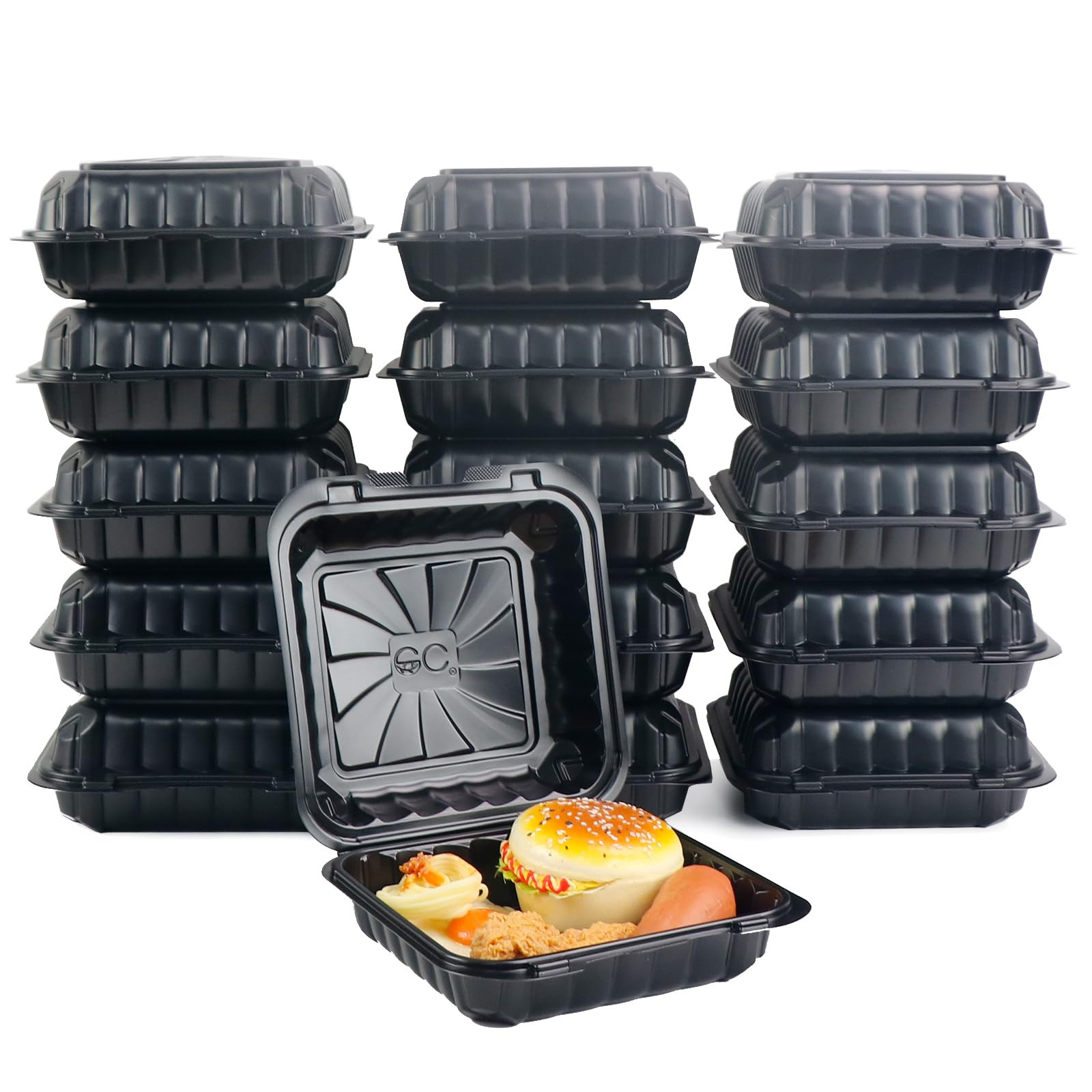 Tabergpak 50-Pack 8-Inch Reusable Black Clamshell Takeout Containers