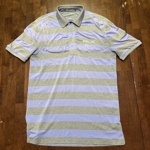RLX Ralph Lauren Mens Baby Blue Striped Performance Polo Shirt Size S Stretch