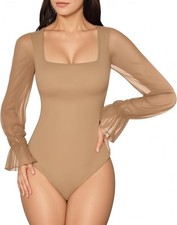 MANGOPOP Bodysuit Size MED Square Neck/ Long Sleeve/ Mesh Ruffle Sleeves