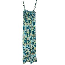 Uniqlo Floral Smocked Maxi Dress Blue Green Rayon Sleeveless L Tropical Coastal
