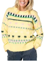 by Stacy London Women's Patterned Crew Neck Cozy Sweater Lemon Zest